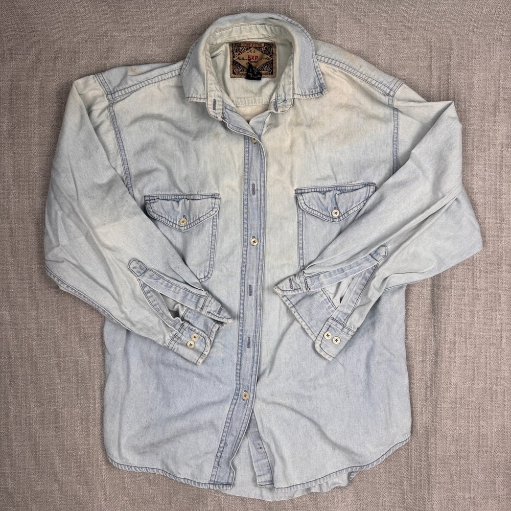 Express Men's Denim Shirt Light Wash Small Stained Distressed